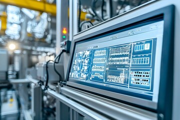 Obraz premium A close-up view of a digital control panel in a manufacturing plant