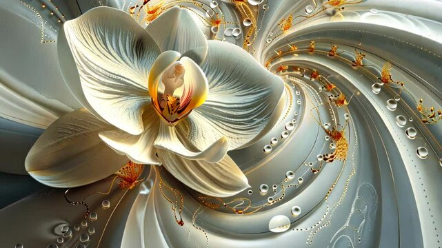 Elegant white orchid with swirling patterns and golden accents in a delicate design