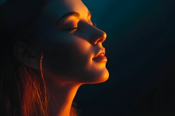 Portrait of a woman in warm lighting with serene expression