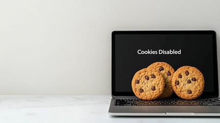 Anti tracking, cookies. A laptop screen displays "Cookies Disabled," next to three chocolate chip cookies, symbolizing the concept of internet cookies.