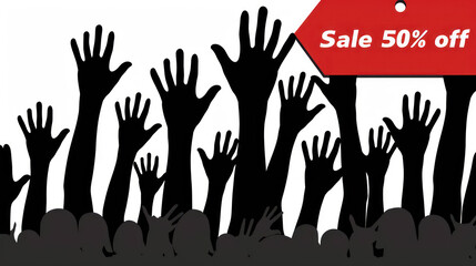 Abstract silhouette of raised hands celebrating a sale with a bold 50 percent off sign in red, perfect for promotional marketing campaigns and advertisements on social media.