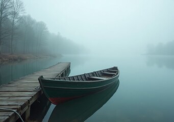 Misty morning on a tranquil lake with a small boat anchored by a wooden pier