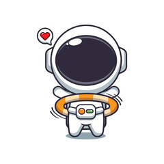 Fototapeta premium Cute astronaut playing hula hoop cartoon vector illustration