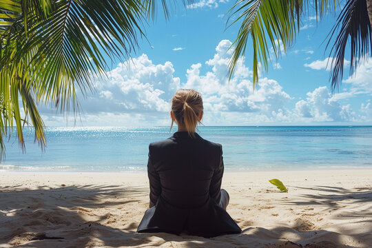 businesswoman in yoga lotus pose on the beach with palm tree