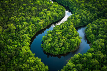 River winding through a dense forest. Generative AI