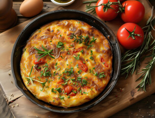 Close up photo of Tortilla Espanola garnished with herbs, traditional Spanish dish
