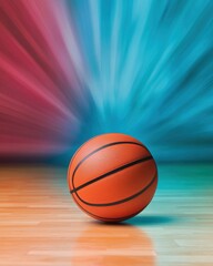 A vibrant basketball sits on a wooden court, with colorful motion blur in the background, highlighting energy and excitement in the game.