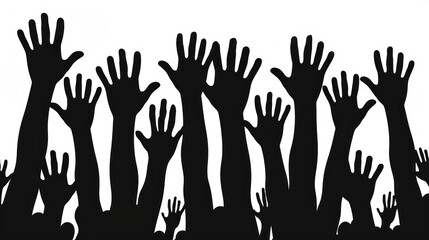 Black silhouette of raised hands against a white background symbolizing unity, protest, celebration, and collective expression of hope and solidarity in various social movements