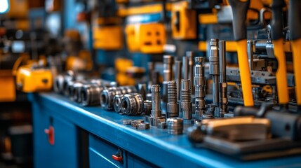A Collection of Various Tools Organized on a Blue Workbench