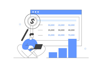 Financial report, management.  Character analyzing charts, balance sheet, income statement and other business data. Flat Cartoon Vector Illustration, icon. Stylish abstract