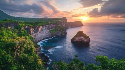 A stunning exotic island at sunset, with dramatic cliffs and lush greenery illuminated by warm light. 