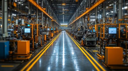 Industrial warehouse with rows of machinery and yellow lines on the floor