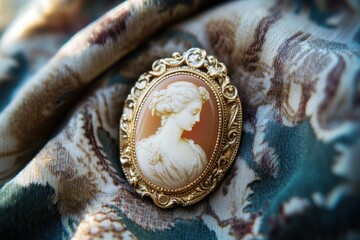 Fototapeta premium A carved gemstone cameo brooch, showcasing intricate craftsmanship and vintage style, symbolizing history and elegance
