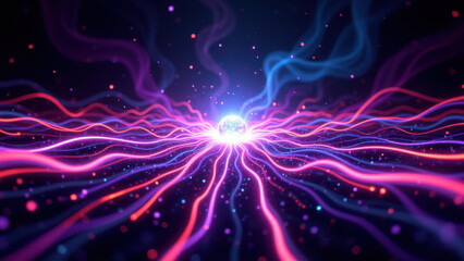 A vibrant, abstract high-tech background with cosmic energy flows and a central glowing orb.