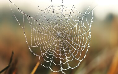 Dew-covered spiderweb glistening in the morning sun, intricate details visible.