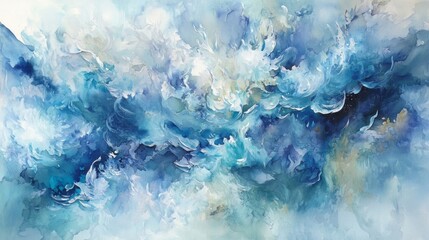 Obraz premium Abstract watercolor painting with swirling shades of blue, white, and hints of gold, creating a dynamic, ocean-inspired aesthetic. AI generative.