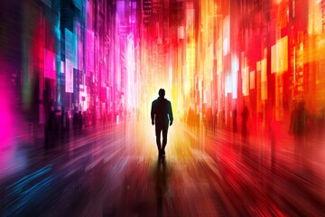 Anti tracking  control conceptual. A figure walks through a vibrant, illuminated cityscape, surrounded by colorful lights and a sense of motion, creating a surreal, dreamlike atmosphere.