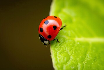 Fototapeta premium Close up of a Ladybug on Leaf A bright red ladybug with black sp