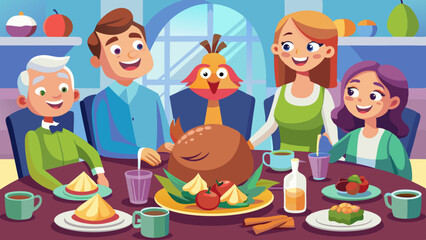 Fototapeta premium Festive table with roasted turkey centerpiece surrounded by smiling family members, sharing laughter and seasonal joy during a feast. 