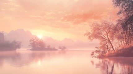 A tranquil sunrise scene with soft pink and orange hues blending into the morning sky above a calm lake. 