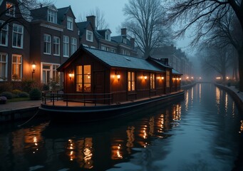 Evening view of a cozy houseboat illuminated along a quiet canal in a historic cityscape