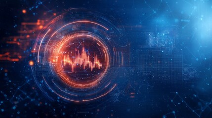Obraz premium Anti tracking control conceptual. A vibrant digital visualization of sound waves, with futuristic elements and a blue background, illustrating technology and audio dynamics.