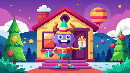 Funny colorful monster bringing presents and joy to a beautifully decorated home. Joyful creature arriving at warm festive house with gifts and decorations