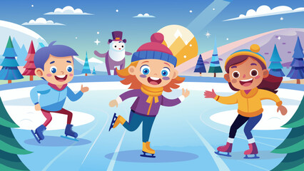 Fototapeta premium Excited children skating on ice rink, joyful faces in snowy landscape, winter fun activity in frosty outdoors