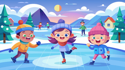 Fototapeta premium Excited children skating on ice rink, joyful faces in snowy landscape, winter fun activity in frosty outdoors