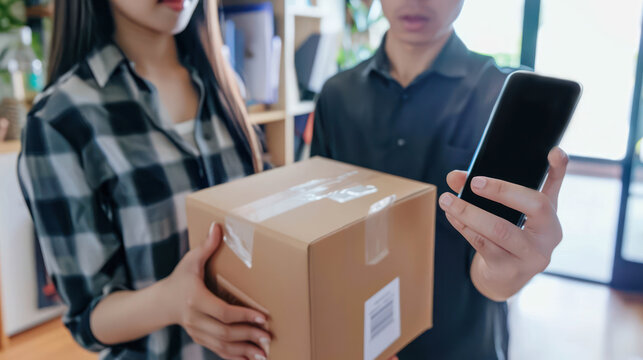 Young couple receiving a package at home, showcasing a delivery service interaction with smartphone and cardboard box in a modern living space - Powered by Adobe