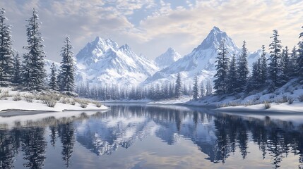 A tranquil winter scene with snowy peaks reflected in the still waters of a nearby lake. 