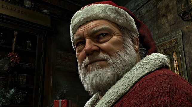 Santa carefully examines his nice and naughty list, surrounded by holiday decorations in a festive, warmly lit environment