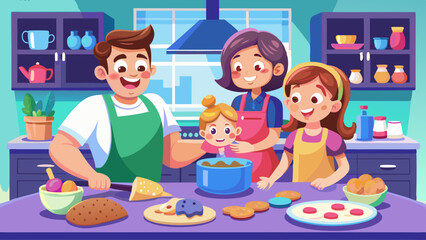 Family baking cookies together in cozy kitchen, decorating sweet treats with joy and laughter. Happy parents and kids cooking and decorating cookies in home kitchen