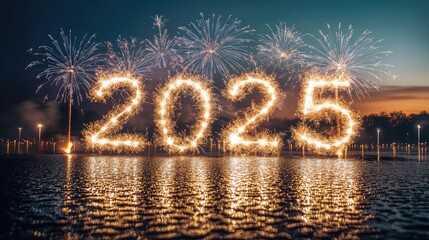 The number 2025 shines brightly on the water as fireworks burst against an orange sky during a lively celebration at dusk