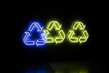 Neon Light Art Installation of Recycling Symbols Creating an art