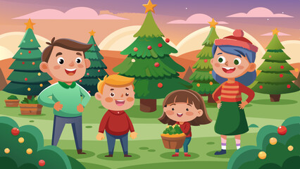 Fototapeta premium Excited families choosing their perfect tree at a vibrant evergreen tree farm. Joyful parents and kids selecting festive trees in an animated outdoor tree farm scene