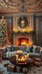 Festive decorated living room with Christmas tree and fireplace, Christmas mood in beautiful details.