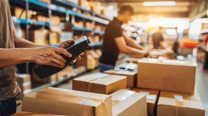 Warehouse Workers Scanning Packages with Handheld Device in Busy Distribution Center During Daylight Hours for Efficient Inventory Management