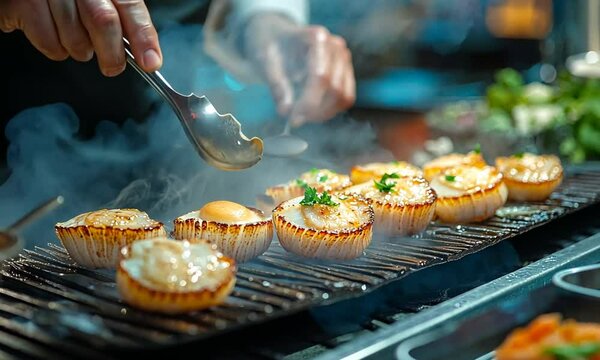Grilled scallops being prepared with herbs and spices.