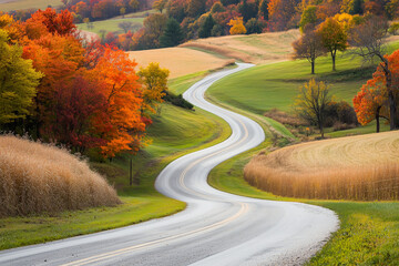 Naklejka premium A winding country road takes you through beautiful autumn foliage and vibrant fall colors. Generative AI