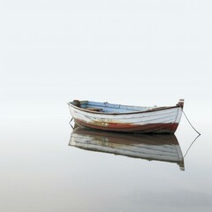 Fototapeta premium Old weathered wooden fishing boat floating on calm water with reflection on a foggy day