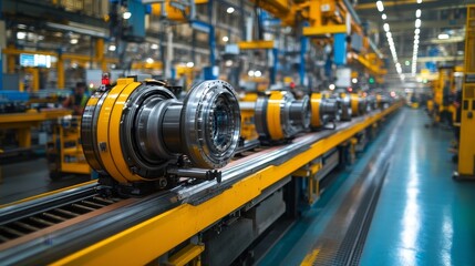Industrial Assembly Line with Metal Parts Moving on a Conveyor Belt