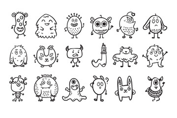 Monster alien doodle set, funny and cutes monster, hand drawn cartoon line monsters.