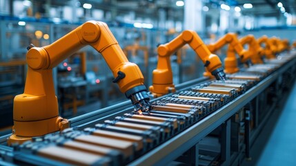 Automated Manufacturing Line with Robotic Arms Assembling Products