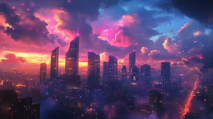 Obraz premium A vibrant urban skyline at dusk with towering skyscrapers illuminated by glowing city lights against a colorful sky. 