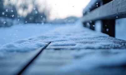 Snowflakes falling on a wooden surface in a blurred forest background