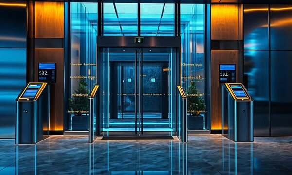 Modern elevator lobby with blue lighting and digital kiosks.