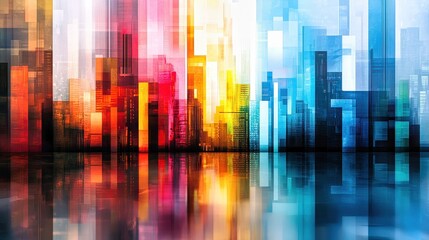 Colorful abstract cityscape reflecting in water at sunset