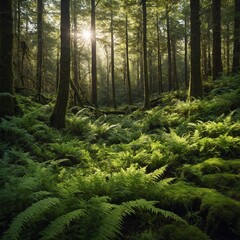 Obraz premium A tranquil forest glade with ferns and moss, bathed in soft, dappled sunlight.