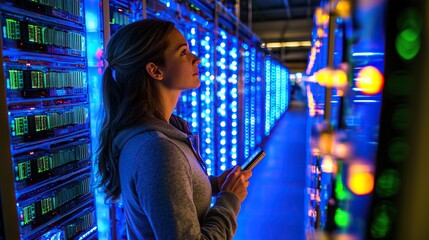 Technician monitoring server status in data center using mobile phone